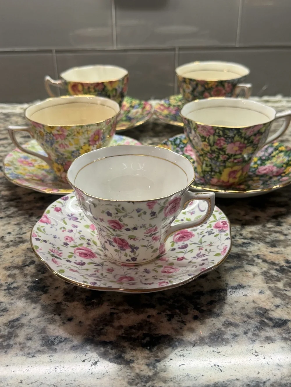 🌺 Five Vintage Rosina Bone China Tea Cup and Saucer Pink Floral Gold Rim